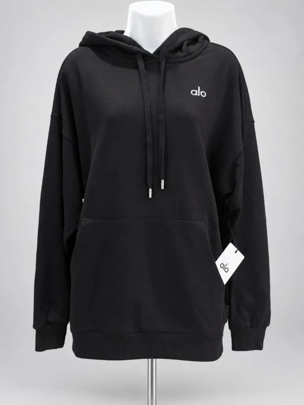 Alo Yoga Accolade Black Hoodie Pullover Sweatshirt Silver Logo